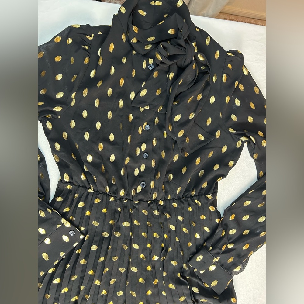 Commense Black and Gold Polka Dot Long Sleeve Midi Dress with Bow - Picture 9 of 12